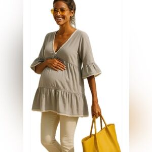FBC Studio Organic Cotton Maternity Tunic Top with Lace Trim- Non-toxic, Comfy